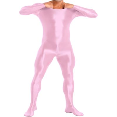 Vxuxlje Mens Oil Glossy Bodystocking Full Bodysuit Round Neck Long Sleeve Unitard Jumpsuits Pink X-Large