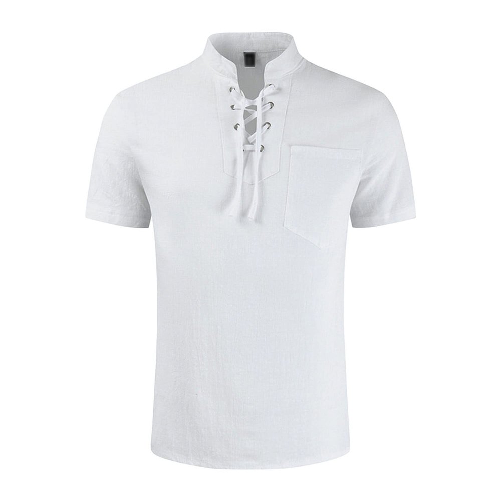 Men's Fashion Cotton Linen Drawstring Tee Casual Lace-Up Neck Shirts Summer Beach Hippie Short Sleeve Tops (White,US Size M Asia L)