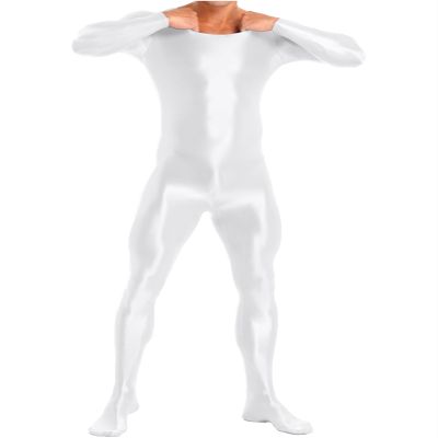 Vxuxlje Mens Oil Glossy Bodystocking Full Bodysuit Round Neck Long Sleeve Unitard Jumpsuits White Medium
