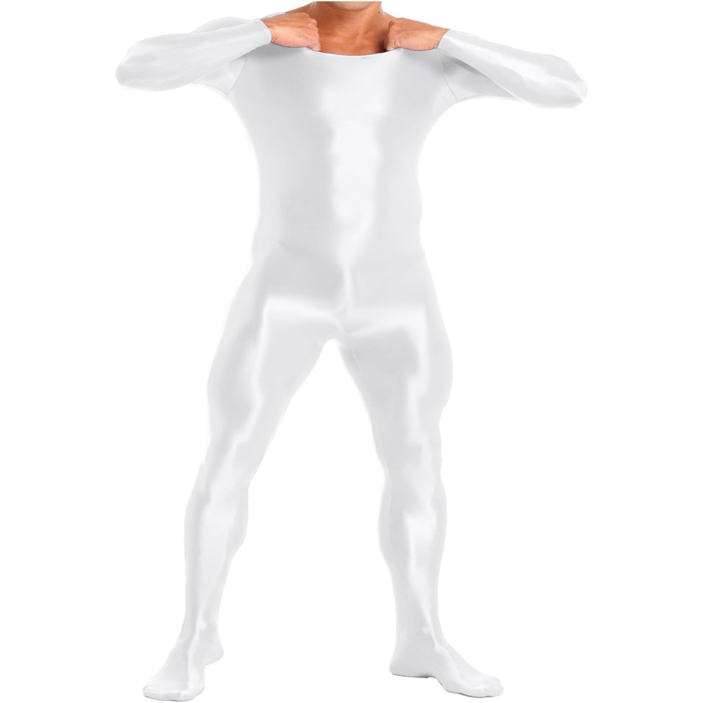 Vxuxlje Mens Oil Glossy Bodystocking Full Bodysuit Round Neck Long Sleeve Unitard Jumpsuits White Medium