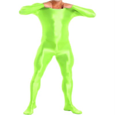 Vxuxlje Mens Oil Glossy Bodystocking Full Bodysuit Round Neck Long Sleeve Unitard Jumpsuits Fluorescent Green Medium