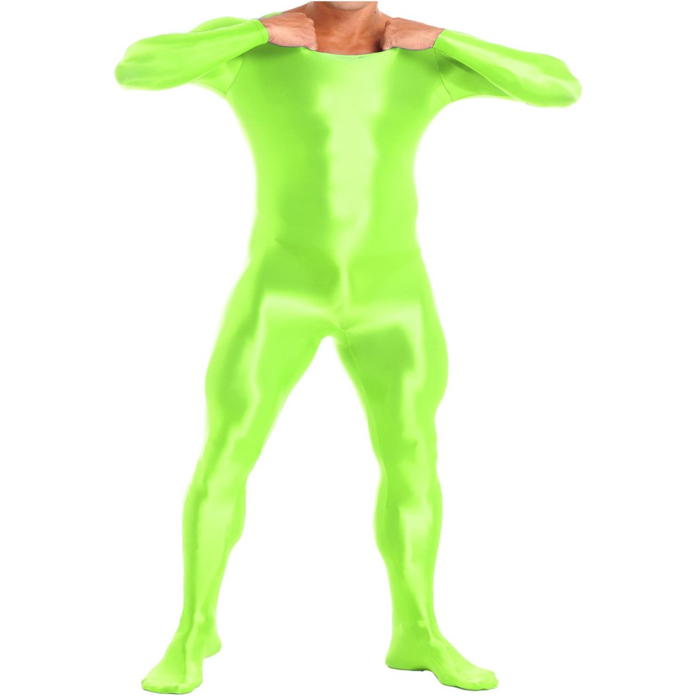 Vxuxlje Mens Oil Glossy Bodystocking Full Bodysuit Round Neck Long Sleeve Unitard Jumpsuits Fluorescent Green Medium