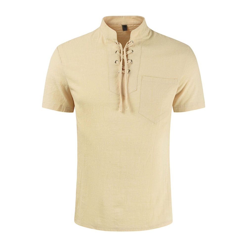 Maiyifu-GJ Men's Fashion Cotton Linen Drawstring Tee Casual Lace-Up Neck Shirts Summer Beach Hippie Short Sleeve Tops (Khaki,US SIZE XL Asia XXL)
