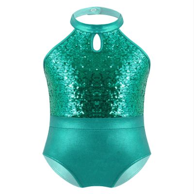 CHICTRY Kids Girls' Fashion Sequins Sleeveless Halter Neck Gymnastics Leotard Fancy Cutouts Dance Bodysuit Costume Green 5-6 Years