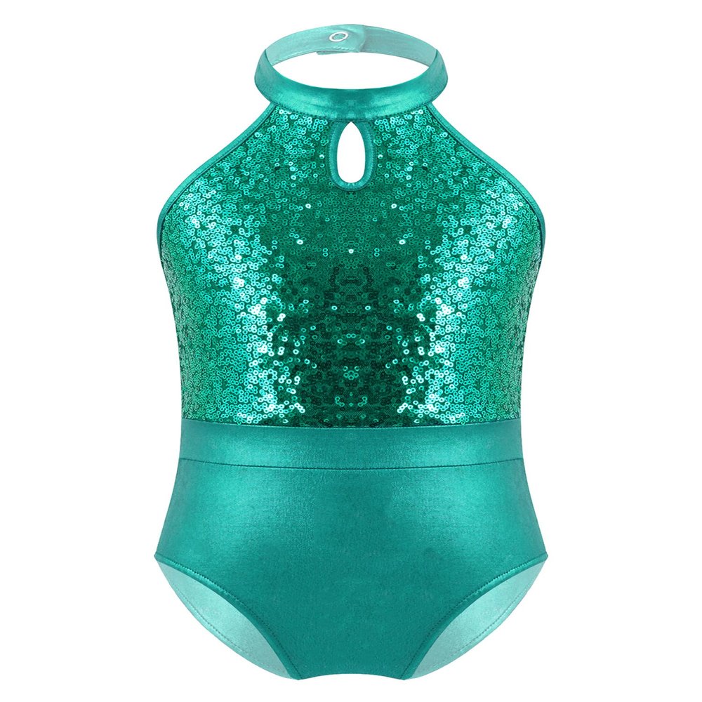 CHICTRY Kids Girls' Fashion Sequins Sleeveless Halter Neck Gymnastics Leotard Fancy Cutouts Dance Bodysuit Costume Green 5-6 Years