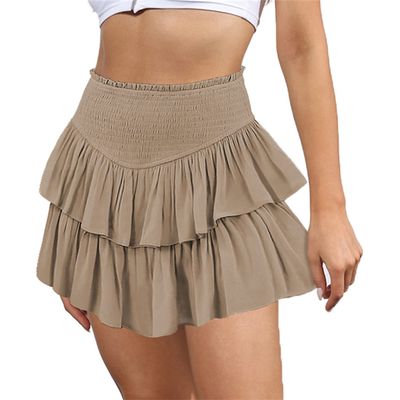 Urmycos Women's Tiered A-Line Layered Ruffle Hem Mini Skirt High Waist Short Skorts Khaki Small