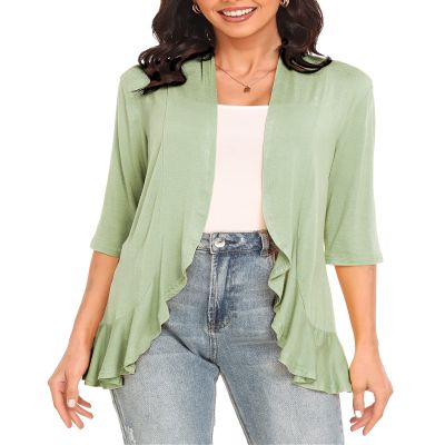 Argstar Women's Casual Lightweight Open Front Cardigans Soft Draped Ruffles 3/4 Sleeve Sage Green Small