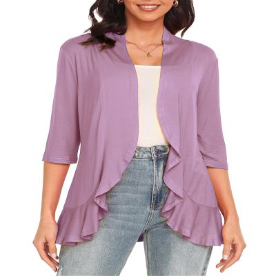 Argstar Lilac Cardigan for Women, Lightweight Open Front Casual Soft Draped Ruffles 3/4 Sleeve Large