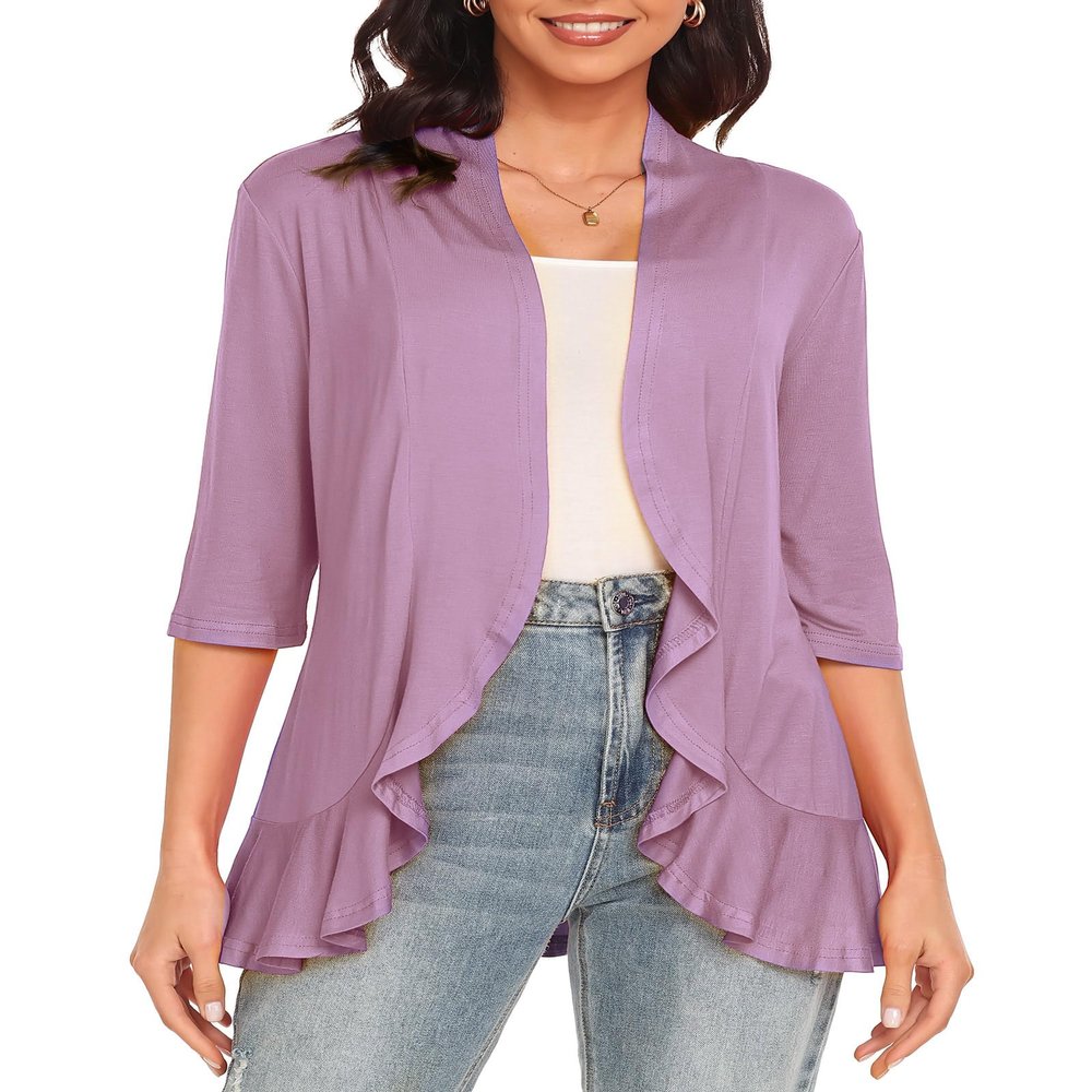 Argstar Lilac Cardigan for Women, Lightweight Open Front Casual Soft Draped Ruffles 3/4 Sleeve Large