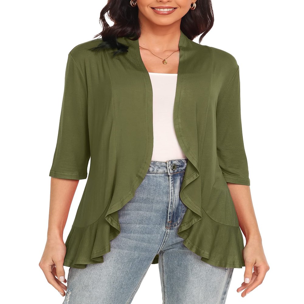 Argstar Women's Cardigans, Lightweight Open Front Casual Soft Draped Ruffles 3/4 Sleeve Dark Green M
