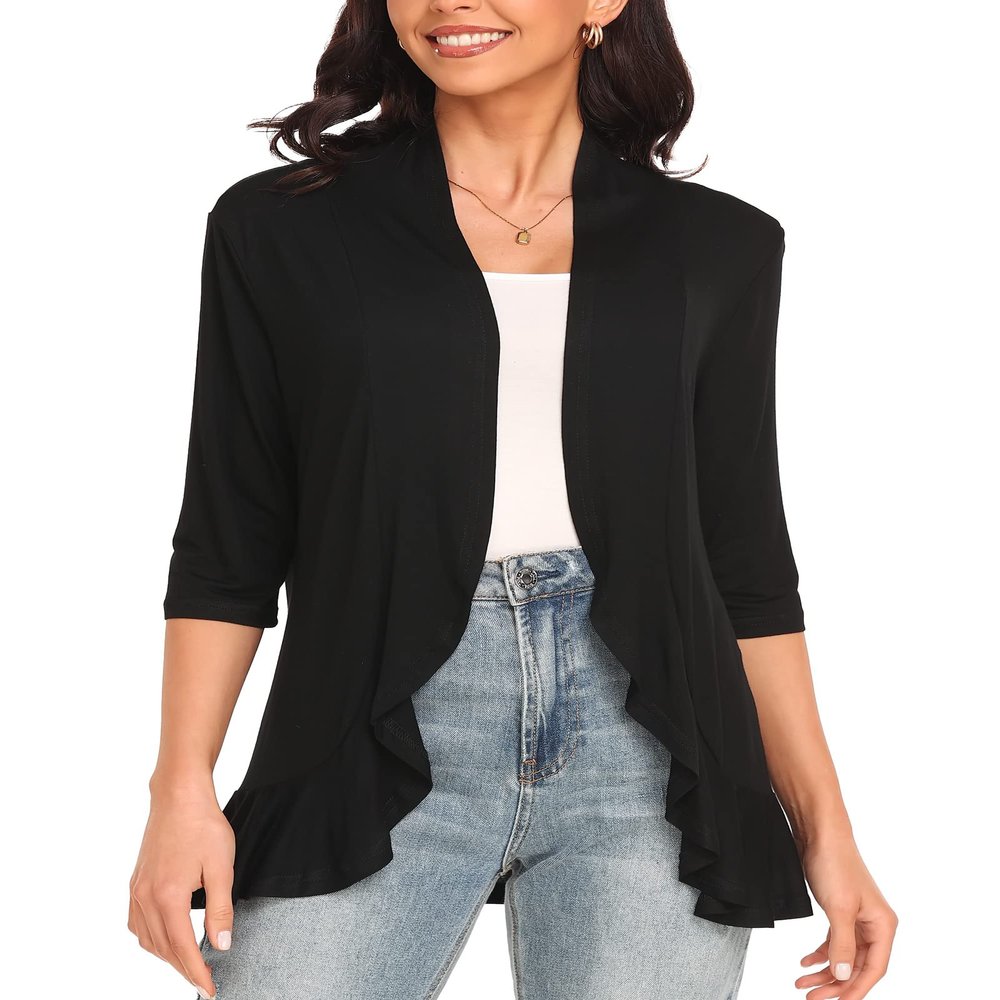 Argstar Black Cardigan for Women 3/4 Sleeve, Lightweight Open Front Casual Soft Draped Ruffles XL