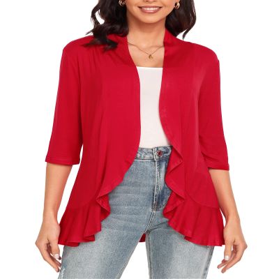Argstar Red Cardigan for Women, Lightweight Open Front Casual Soft Draped Ruffles 3/4 Sleeve X-Large