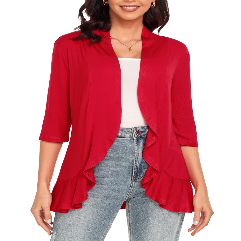Argstar Red Cardigan for Women, Lightweight Open Front Casual Soft Draped Ruffles 3/4 Sleeve X-Large