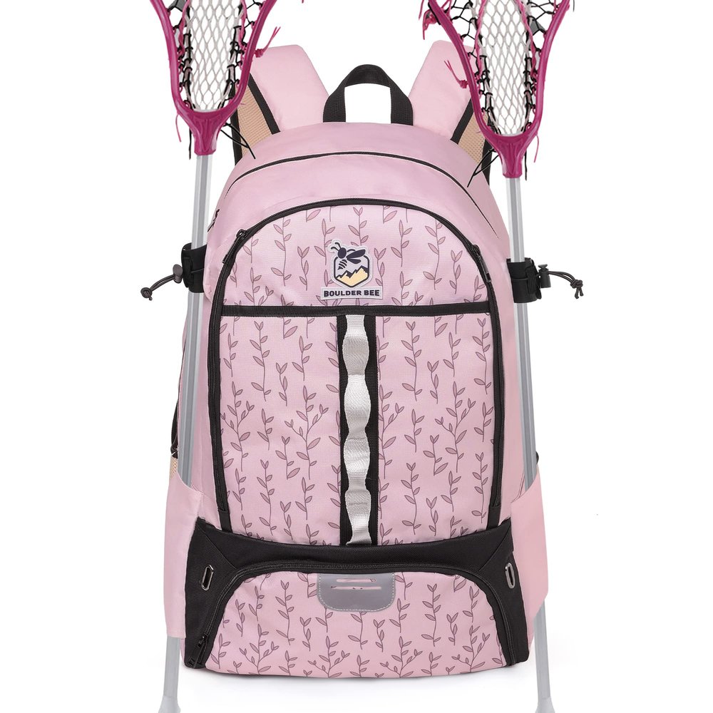 Boulder Bee Lacrosse Backpack with Stick Holders, Field Hockey Bag, Lacrosse Gift for Women (Pink)