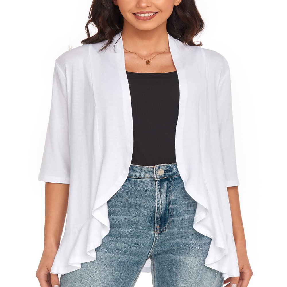 Argstar Summer Cardigans for Women, Lightweight Open Front Casual Soft Draped Ruffles 3/4 Sleeve White S