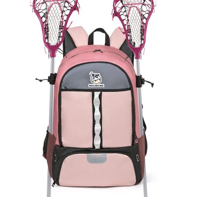 Boulder Bee Lacrosse Backpack with Stick Holders, Field Hockey Bag, Lacrosse Gift for Women (Purple and Brown)