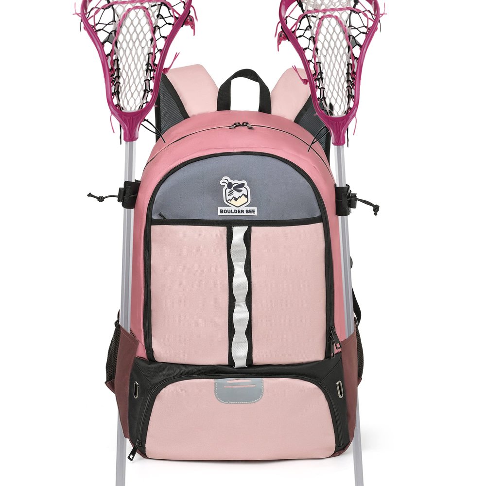 Boulder Bee Lacrosse Backpack with Stick Holders, Field Hockey Bag, Lacrosse Gift for Women (Purple and Brown)