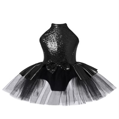 JEATHA Kids Girls Shiny Sequins Dance Dress Figure Skating Sleeveless Halter Tutu Leotard Dress Dancewear Black B 16 Years