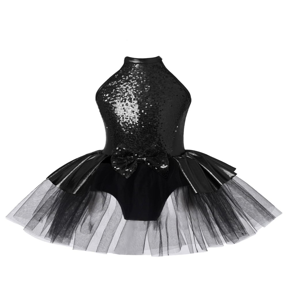 JEATHA Kids Girls Shiny Sequins Dance Dress Figure Skating Sleeveless Halter Tutu Leotard Dress Dancewear Black B 16 Years