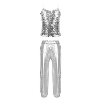 Jizyo Girls Shiny Sequins Active Outfits Hip Hop Jazz Dance Top with Pants Athletic Shirt Sweatpants Tracksuit Dancewear Silver 6 Years