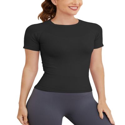MathCat Short Sleeve Workout Tops for Women, Seamless Women's Compression Shirt, Yoga Running Athletic Shirts Soft Gym Tops Black