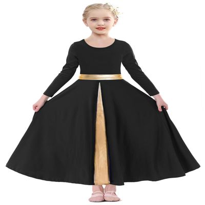 ELLYDOOR Girls Long Sleeve Praise Dance Dress Swing Skirt Liturgical Worship Costume Church Robe Dancewear Tag 120, Black