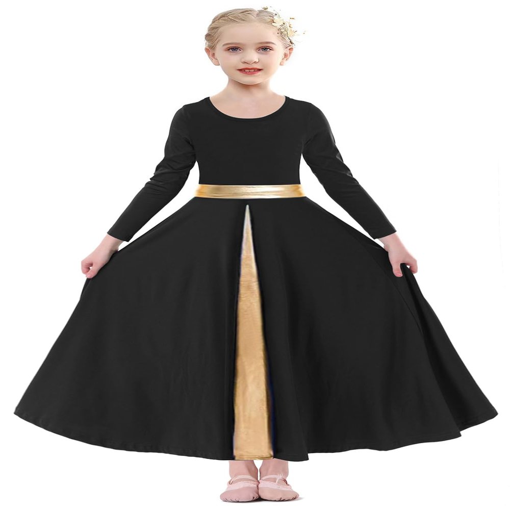 ELLYDOOR Girls Long Sleeve Praise Dance Dress Swing Skirt Liturgical Worship Costume Church Robe Dancewear Tag 120, Black