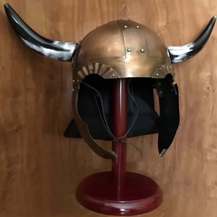 ACTIVE INDUSTRIES Medieval Viking Horn Helmet Antique Polish Armor Viking helmrt With Wooden Stand Halloween Costome