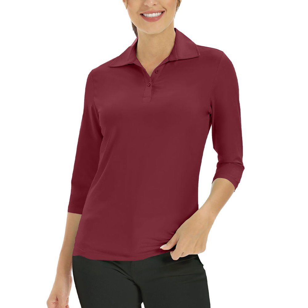 Women's Casual V Neck Tops 3/4 Sleeve Blouses Golf Polo Shirt Sport T-Shirt Tennis Shirt Athletic Tee Active Top (Wine Red,XL)