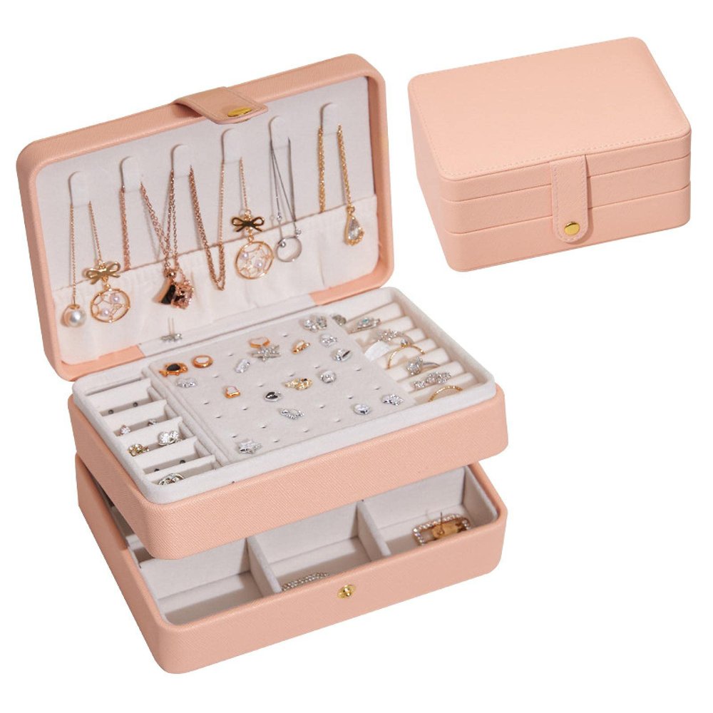 YAMLAB Creative Multi-Layer Jewelry Box, Earrings, Necklace, Jewelry Storage Jewelry Box, PU Skin Multi-Functional Jewelry Storage Box 17 * 12 * 8cm Peach Powder