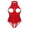 ACSUSS Women Patent Leather Halter Neck Bodysuit Cupless Thong Leotard Jumpsuit Clubwear Red Small view 1