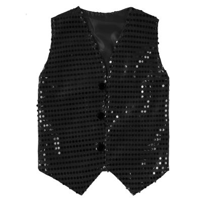 KKmeter Boys Girls Sequin Waistcoat Sleeveless Hip-hop Jazz Dance Stage Performance Costume Vest Tops (Black, 5-6)