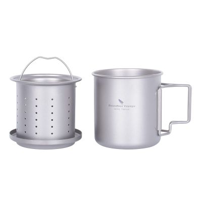 iBasingo 420ml/14.2floz Titanium Cup with Tea Strainer Folding Handle Portable Lightweight Tea Mug for Outdoor Camping Tea Maker Ti3054D
