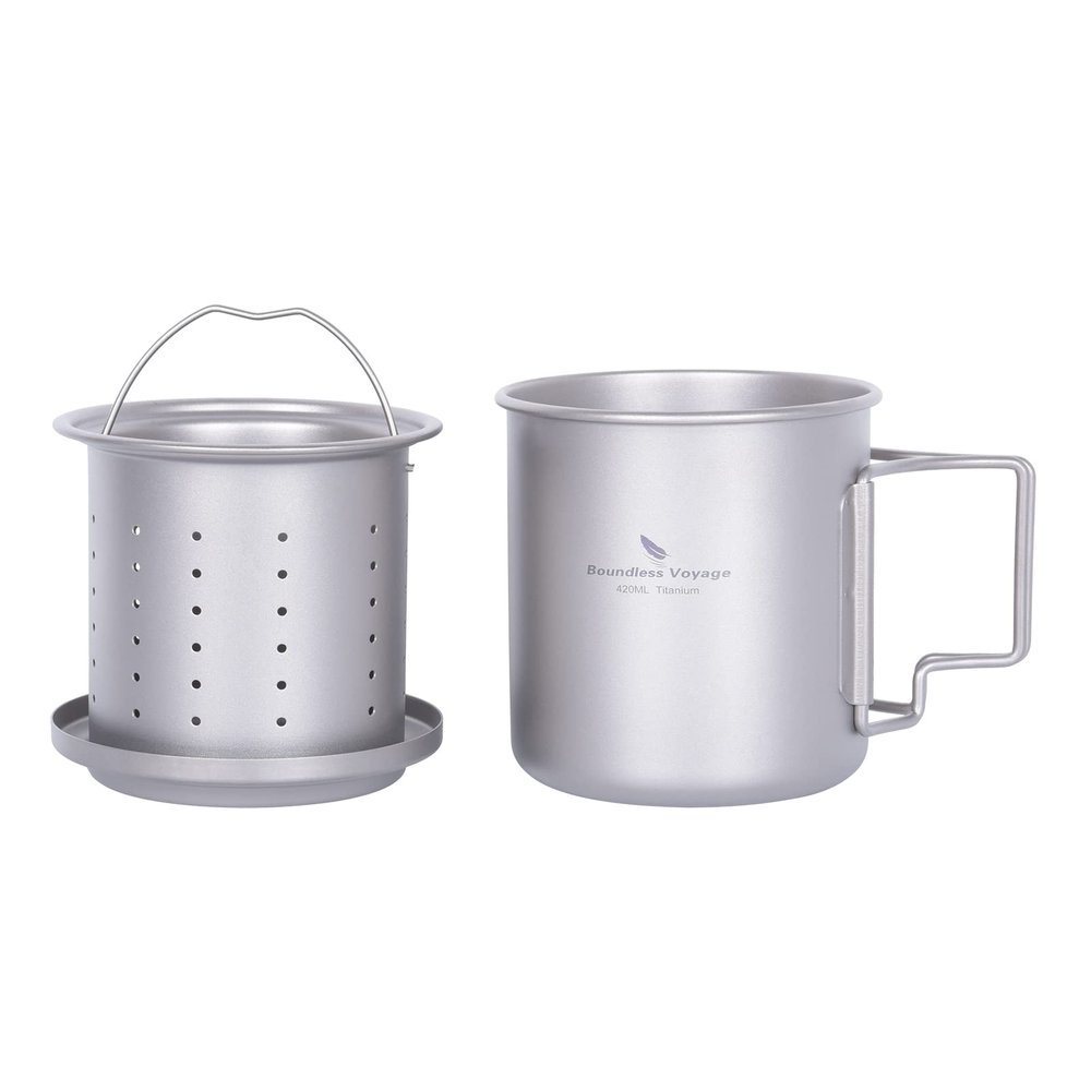 iBasingo 420ml/14.2floz Titanium Cup with Tea Strainer Folding Handle Portable Lightweight Tea Mug for Outdoor Camping Tea Maker Ti3054D