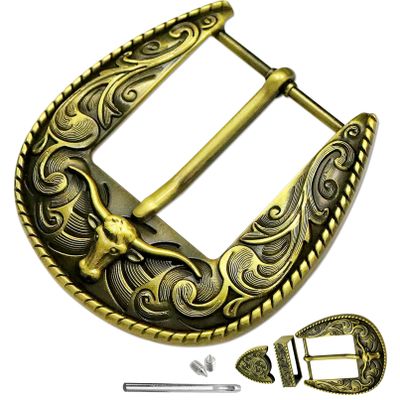 3Pcs Western Replacement Belt Buckles 1.5"(38mm) LongHorn Bull Engraved Single Prong Square Buckle Vintage Cowboy Rodeo Reversible Belt Accessory for Men Women Golden