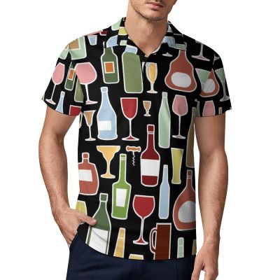 Wine Bottle and Glass Men's Polo Shirt Short Sleeve Pullover Golf Shirt Casual T-Shirt Tee Top L