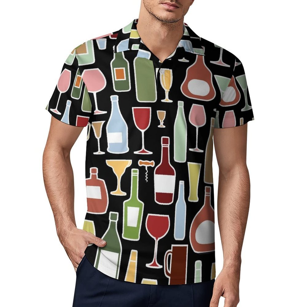 Wine Bottle and Glass Men's Polo Shirt Short Sleeve Pullover Golf Shirt Casual T-Shirt Tee Top L