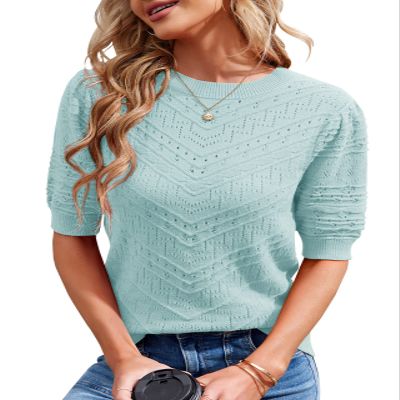Caramitty Summer Tops for Women Short Sleeves Pullover Sweaters Knit Blouse Cute Dot Sweater Shirt Mint