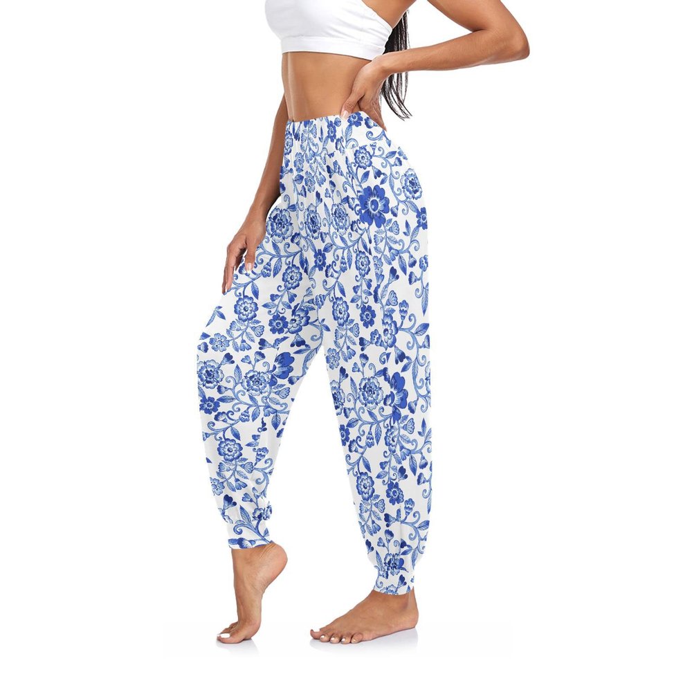 Yasala Blue Flower Women Harem Pants Baggy Yoga Pants Hippie Palazzo Pants Casual Athletic Workout Sweatpants