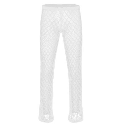 KKmeter Mens Mesh Sheer See Through Long Pants Loose Fishnet Pants Club Party Underwear (White, Large)