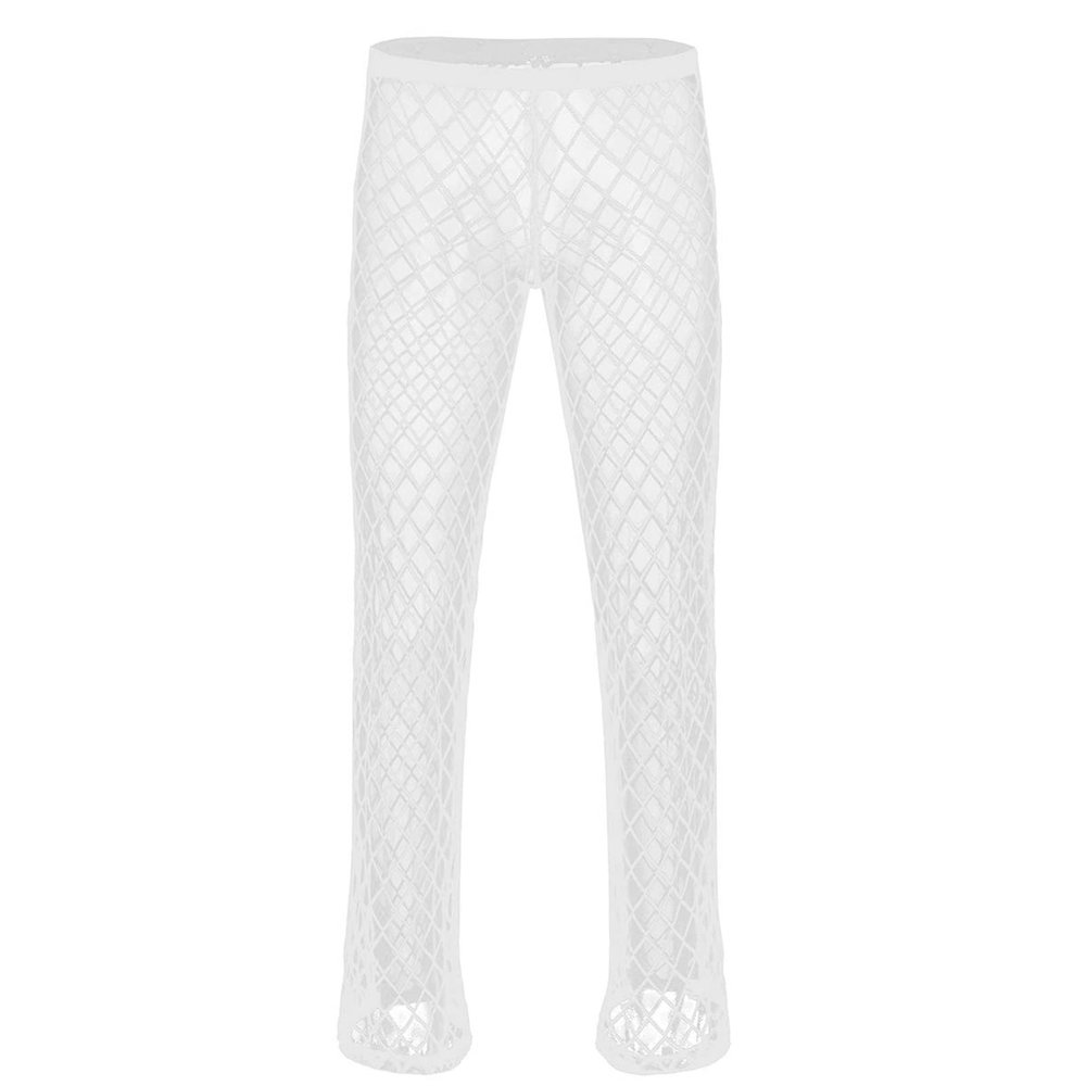 KKmeter Mens Mesh Sheer See Through Long Pants Loose Fishnet Pants Club Party Underwear (White, Large)