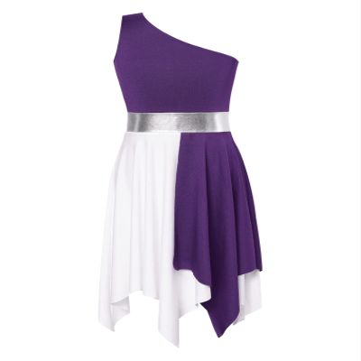 Oyolan Kids Girls One Shoulder Lyrical Praise Dance Dress Sleeveless Color Block Tunic Liturgical Worship Costume Purple A 14 Years