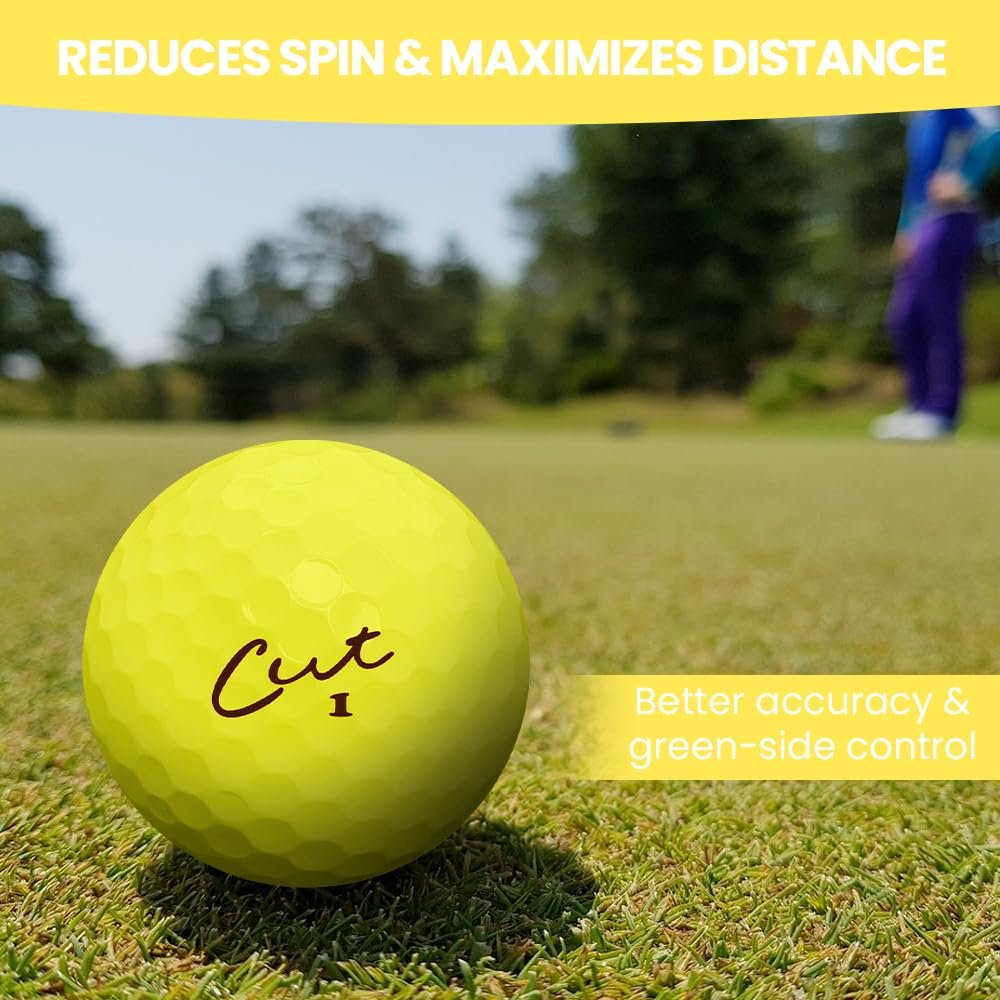 Cut Golf - Soft Feel Peak Distance Golf Balls - One Dozen Decreased Ball Spin - Improved Accuracy, Green Side Control, Distance, Ball Flight, Visibility - Matte - Yellow Golf Balls
