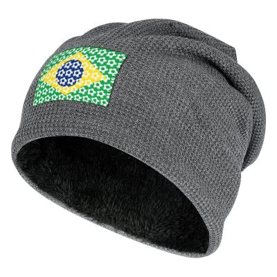 Brazil Soccer Plush Lined Beanie Winter Hat Warm Skull Cap Soft Skiing Hats Unisex Black/Dark Gray