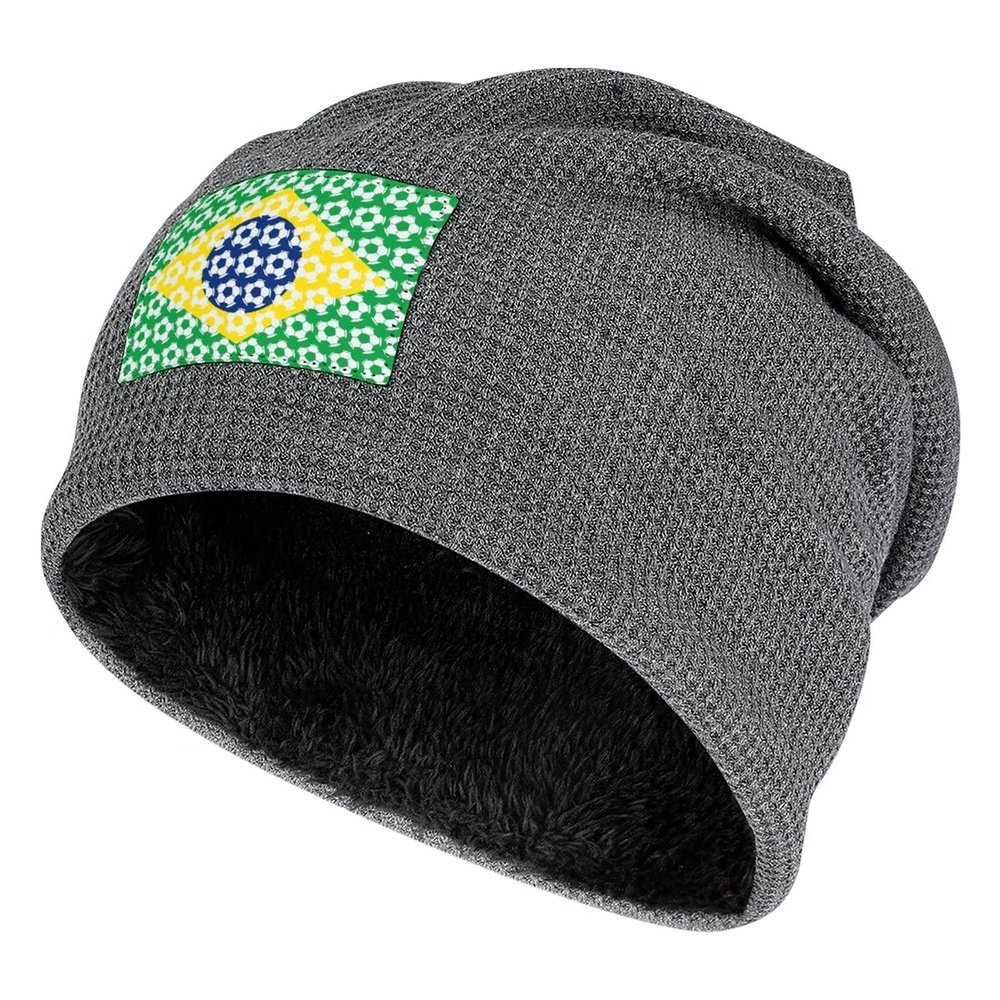 Brazil Soccer Plush Lined Beanie Winter Hat Warm Skull Cap Soft Skiing Hats Unisex Black/Dark Gray