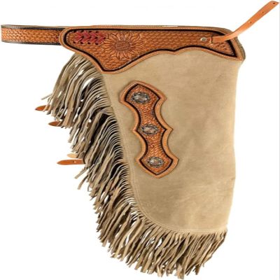 Daarkgreen Leather Suede Horse Riding Chaps Sand Color Sunflower Carving and Toolig Sizes: XS-XXL (Medium)