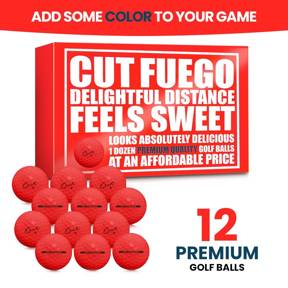Cut Golf - Soft Feel Peak Distance Golf Balls - One Dozen Decreased Ball Spin - Improved Accuracy, Green Side Control, Distance, Ball Flight, Visibility - Matte - Fuego Red Golf Balls