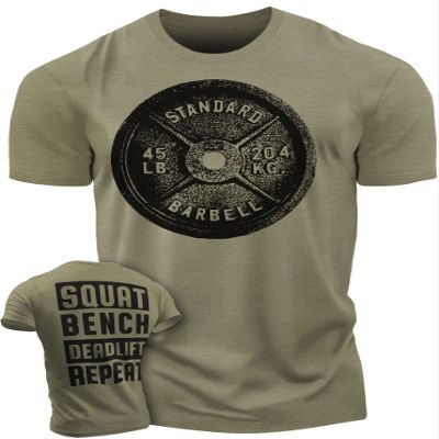Gymish Lifestyle Squat Bench Deadlift Repeat Workout Shirts for Men Weight Plate Gym T-Shirt (XXL, Military Green)