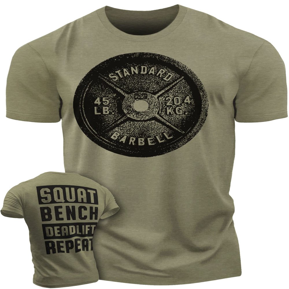 Gymish Lifestyle Squat Bench Deadlift Repeat Workout Shirts for Men Weight Plate Gym T-Shirt (XXL, Military Green)