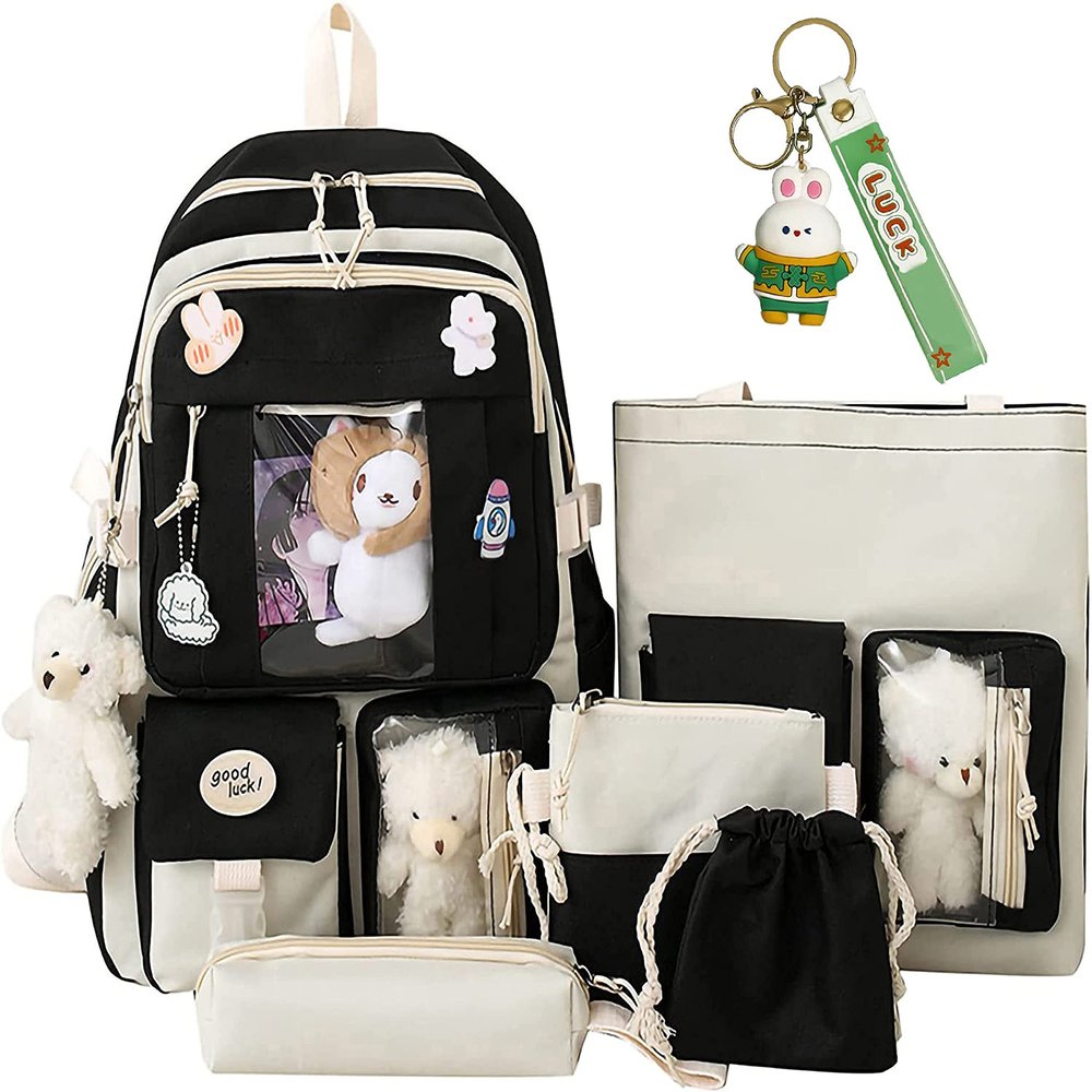 AIDISEN Kawaii Backpack 5pcs Set 17in Aesthetic sports bag with Cute Backpack, Shoulder Bag, Pencil Box, Tote Bag, Small Bag (Black backpack)